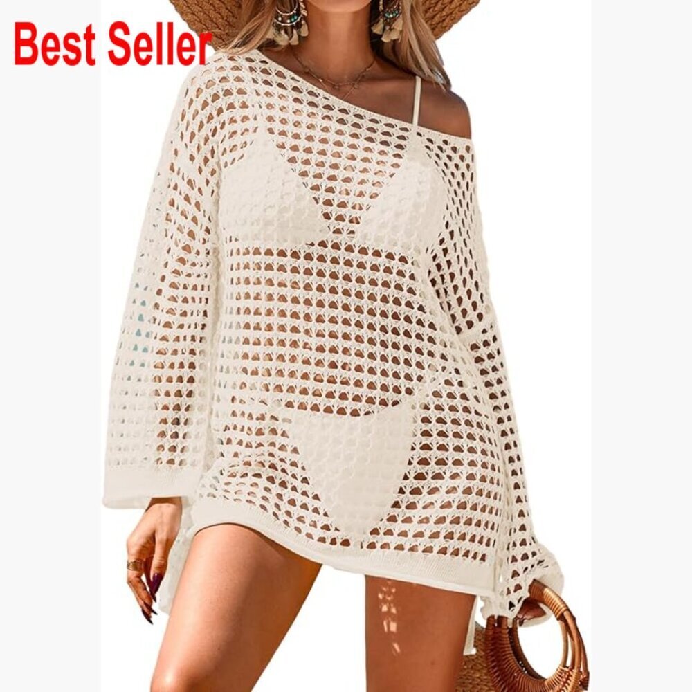 Crochet Oversized Long Sleeve Mesh Swimsuit Cover Up Dress
